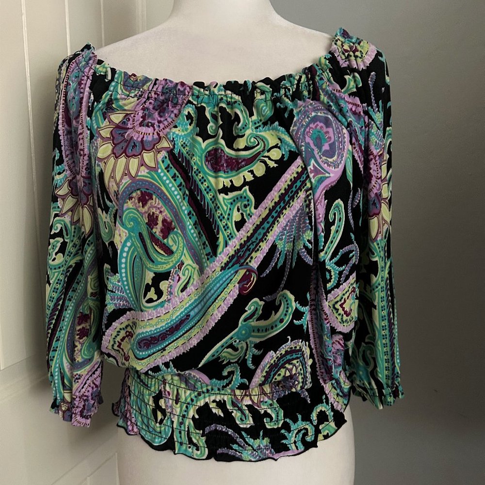 INC Women's Purple Green & Black Paisley On-Off Shoulder Soft Elastic Small NWT